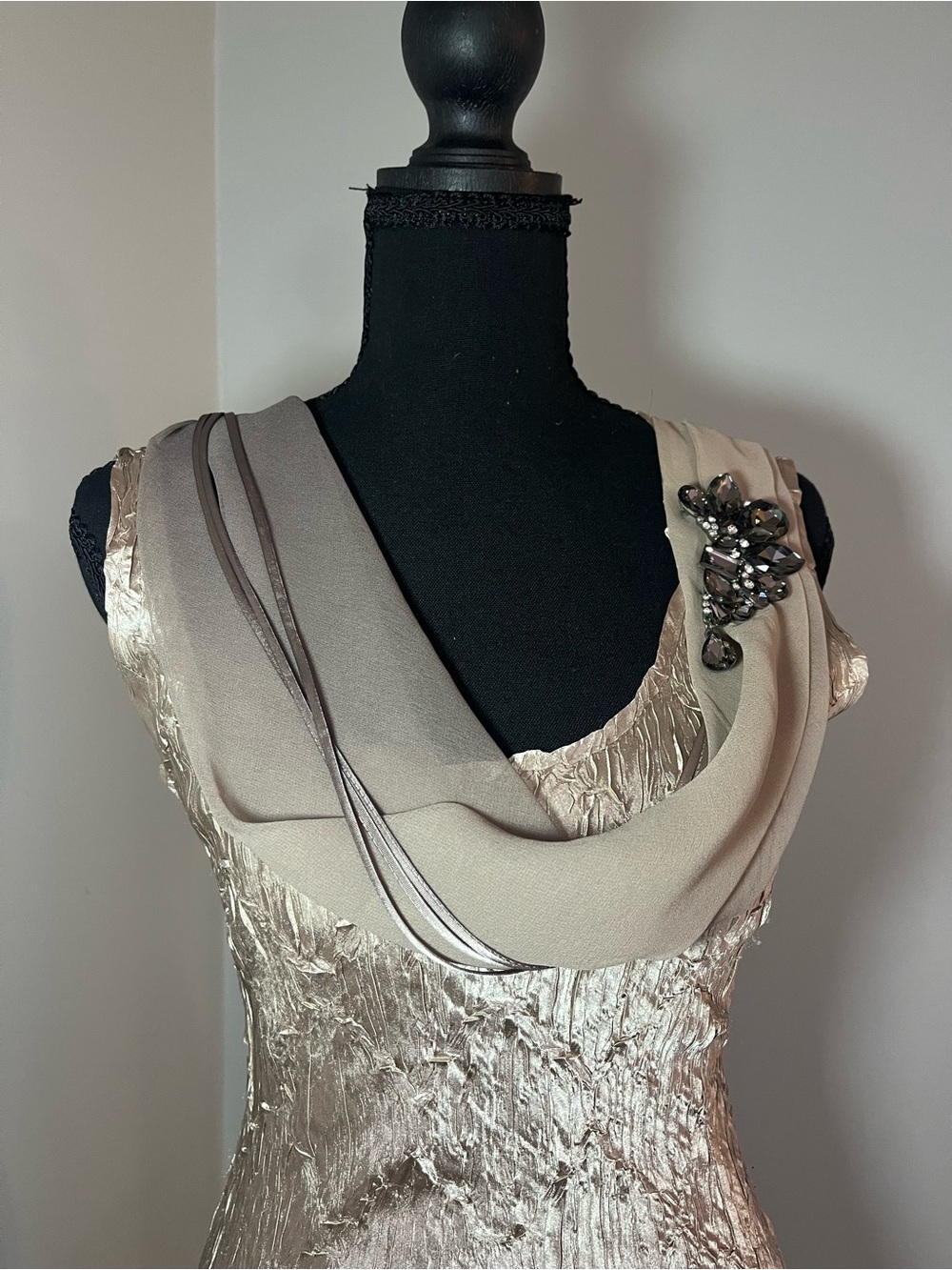 Vintage Taupe and Metallic-Trim Midi Dress with Brooch Detail